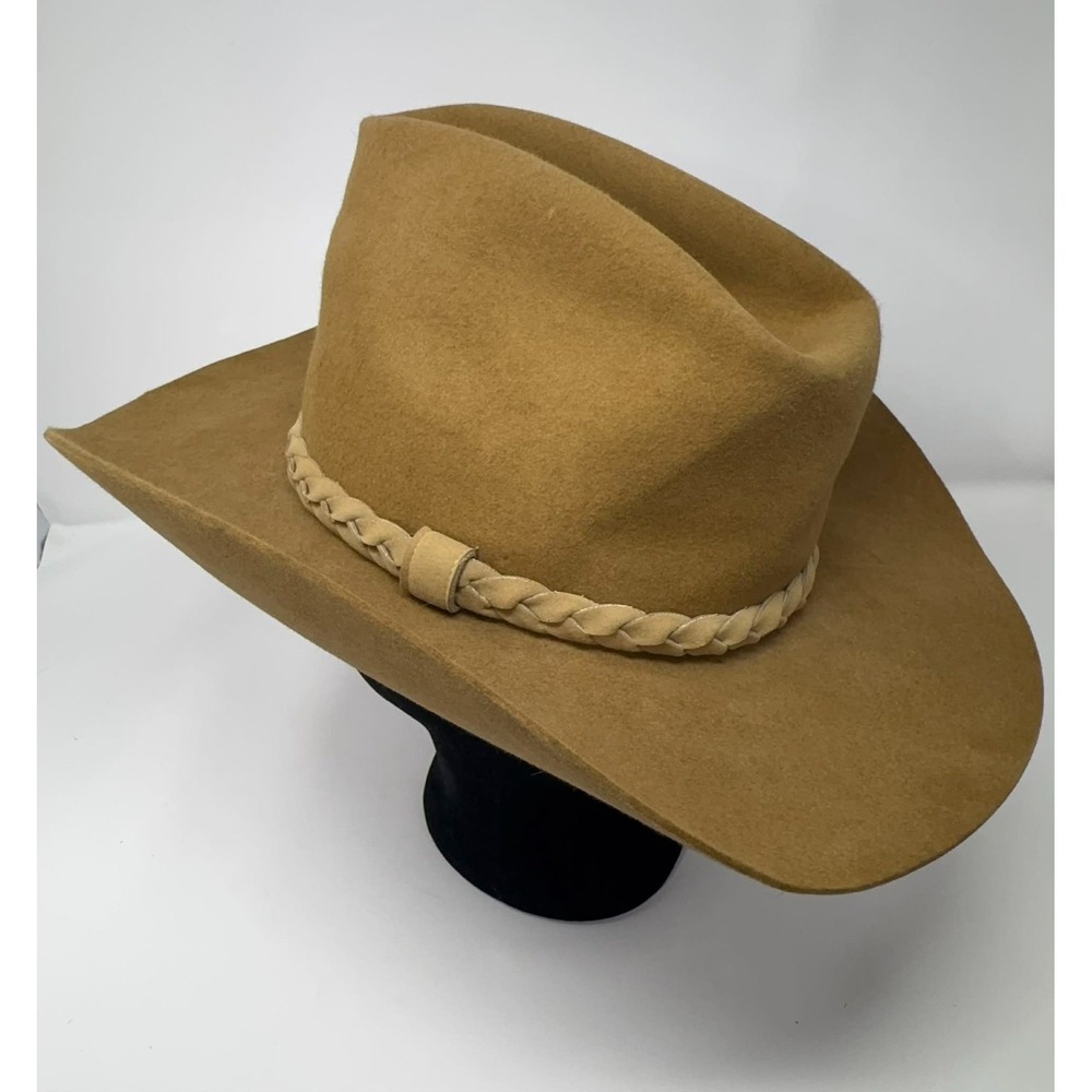 Vintage 1980s Stetson 4X‎ Beaver Western Cowboy Hat Tan Felt Wide Brim Size 7